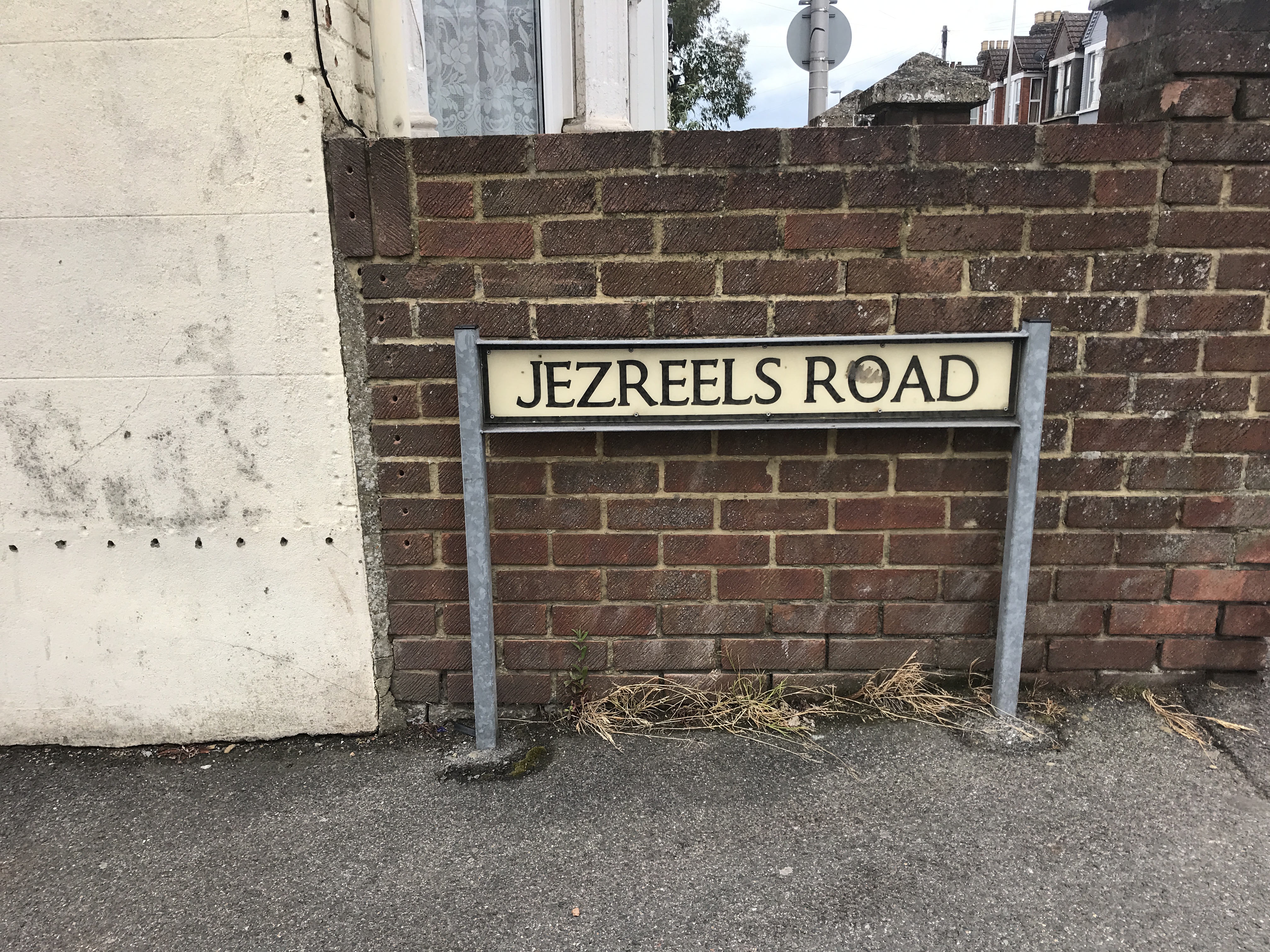 A photograph of the road sign for Jezreel's Road, Gillingham
